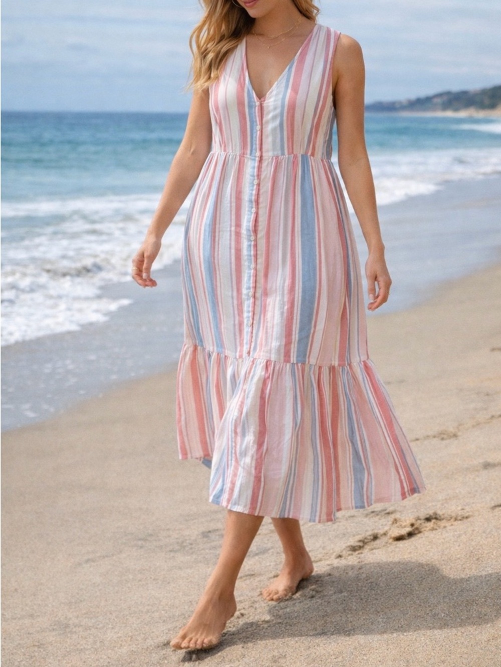 New Directions Womens Sleeveless Striped Tiered Maxi Dress Red Blue L